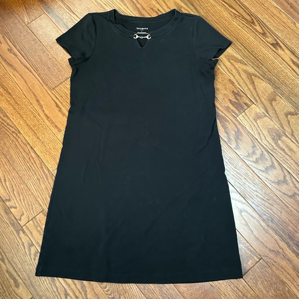 Talbots Black Mini Dress with Short Sleeves and gold accent neckline size L
